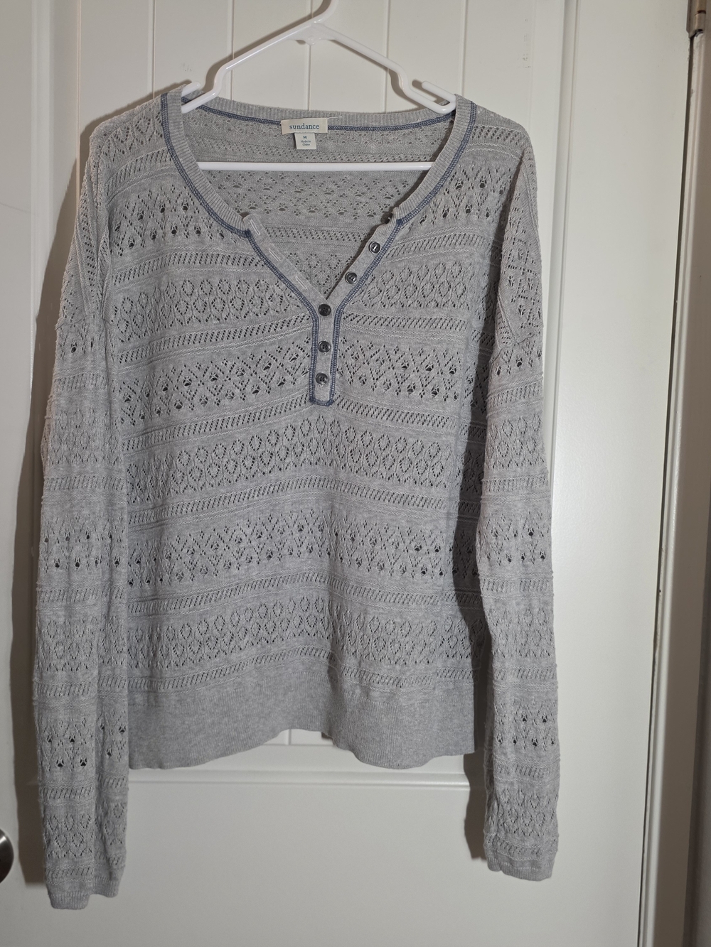 Sundance Light Gray Openwork V-Neck Henley Sweater